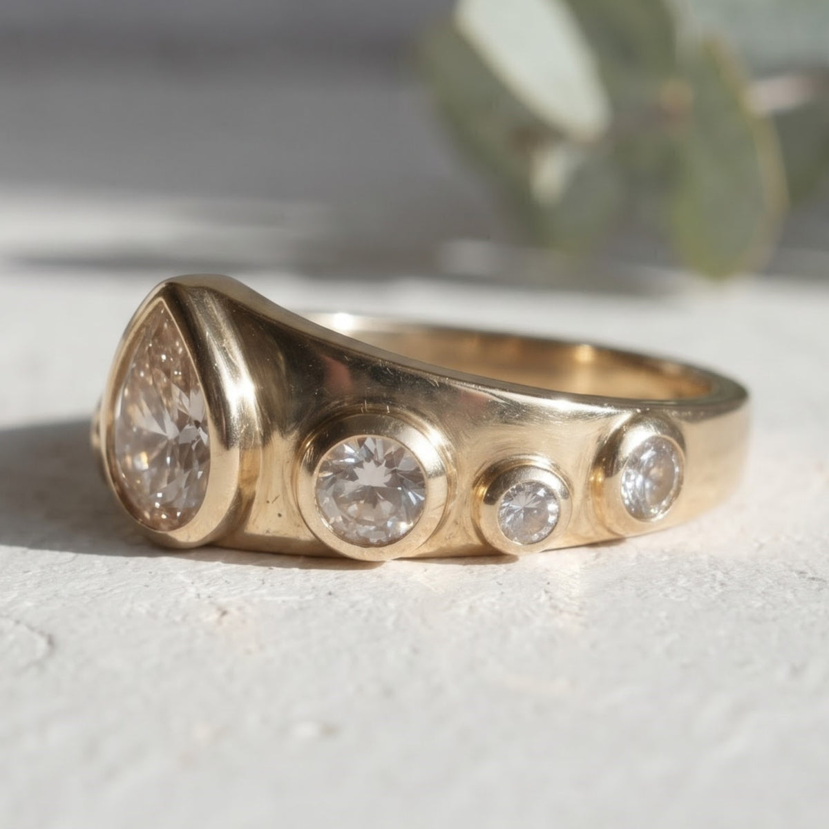 Pear Cut Salt and Pepper Diamond Bezel Ring