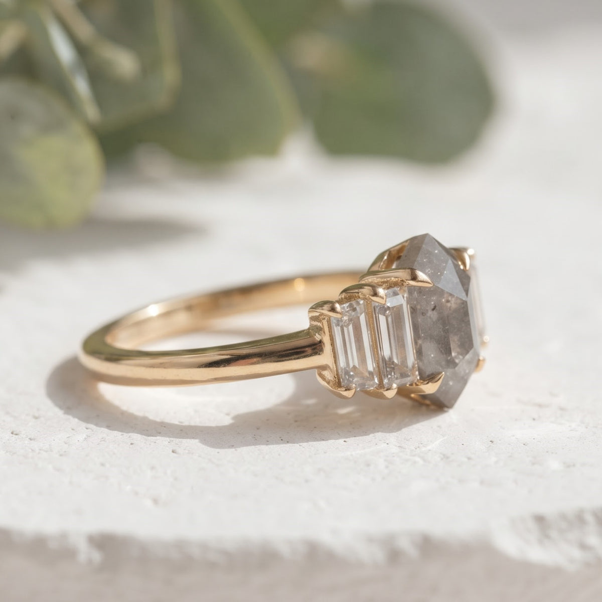 1.35 CT Hexagon Salt and Pepper Diamond Ring with Baguette Accents