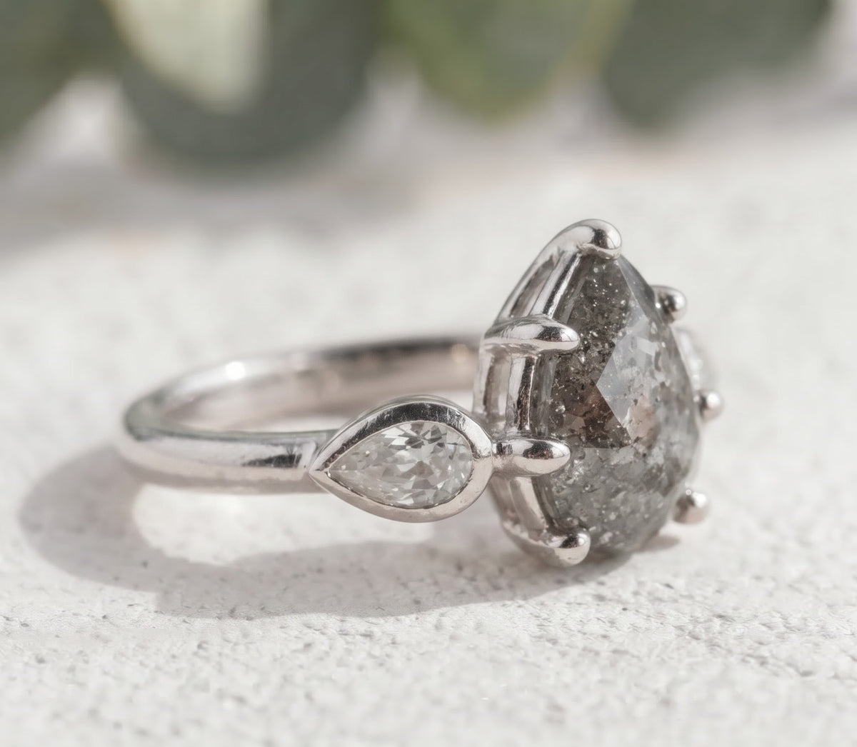 Pear Cut Salt and Pepper Diamond Engagement Ring