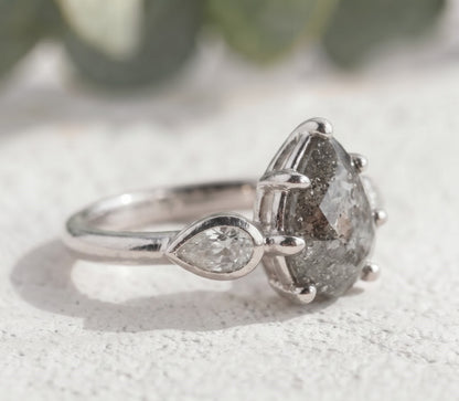 Pear Cut Salt and Pepper Diamond Engagement Ring