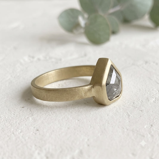 Shield Cut Gray Natural Salt and Pepper Diamond Ring