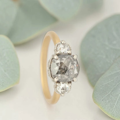 Rose cushion cut salt and pepper diamond vintage engagement ring featuring a 1.70 CT natural center diamond with galaxy-like inclusions and 0.35 CT round rose cut side diamonds on a handcrafted straight band design.