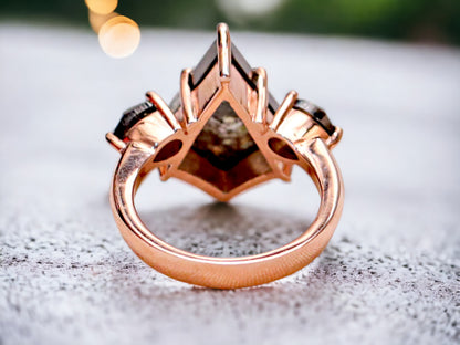 Rose Kite Cut Salt and Pepper Diamond Ring featuring a 5.87 CT natural salt and pepper diamond with smoky galaxy-like inclusions, accented by rose pear diamonds in a handmade modern engagement design with a straight 1.80 mm band and minimalist aesthetic.