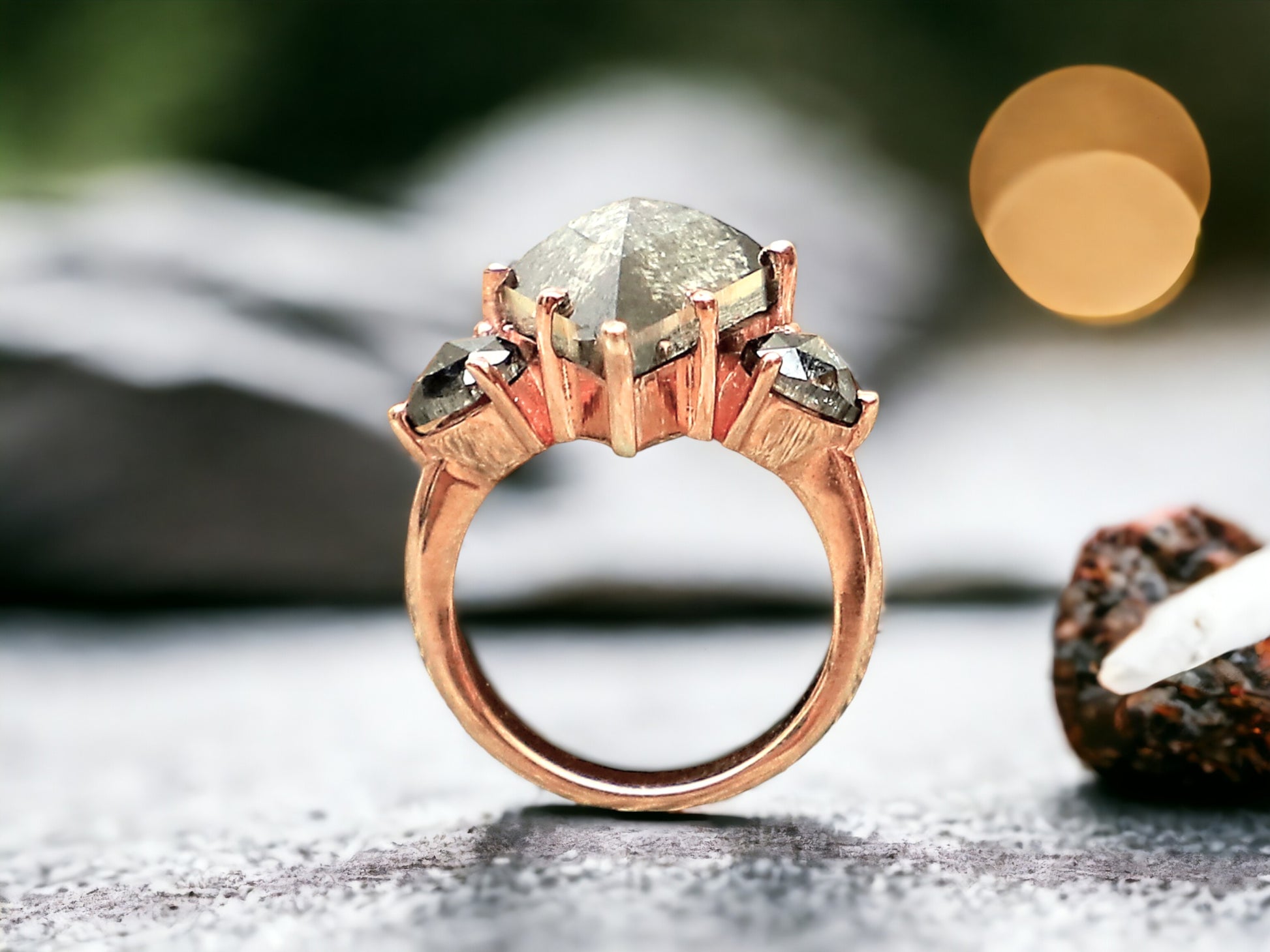 Rose Kite Cut Salt and Pepper Diamond Ring featuring a 5.87 CT natural salt and pepper diamond with smoky galaxy-like inclusions, accented by rose pear diamonds in a handmade modern engagement design with a straight 1.80 mm band and minimalist aesthetic.