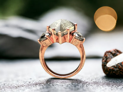 Rose Kite Cut Salt and Pepper Diamond Ring featuring a 5.87 CT natural salt and pepper diamond with smoky galaxy-like inclusions, accented by rose pear diamonds in a handmade modern engagement design with a straight 1.80 mm band and minimalist aesthetic.