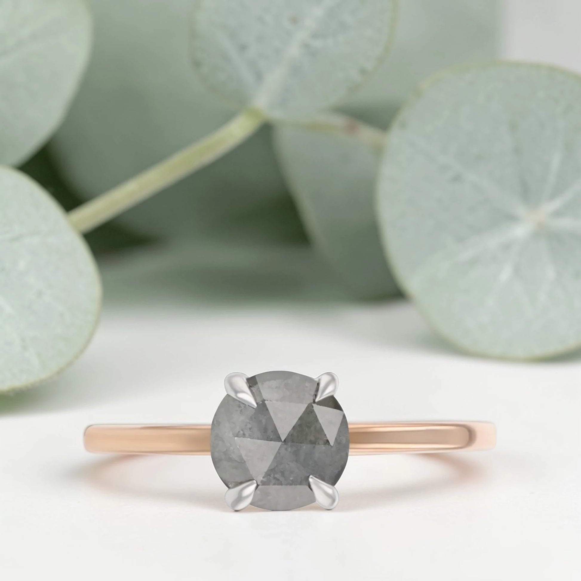 Rose Round Salt and Pepper Diamond Ring featuring a 1.15 CT natural black salt and pepper diamond with unique inclusions on a delicate straight band in a handmade minimalist alternative bridal design.