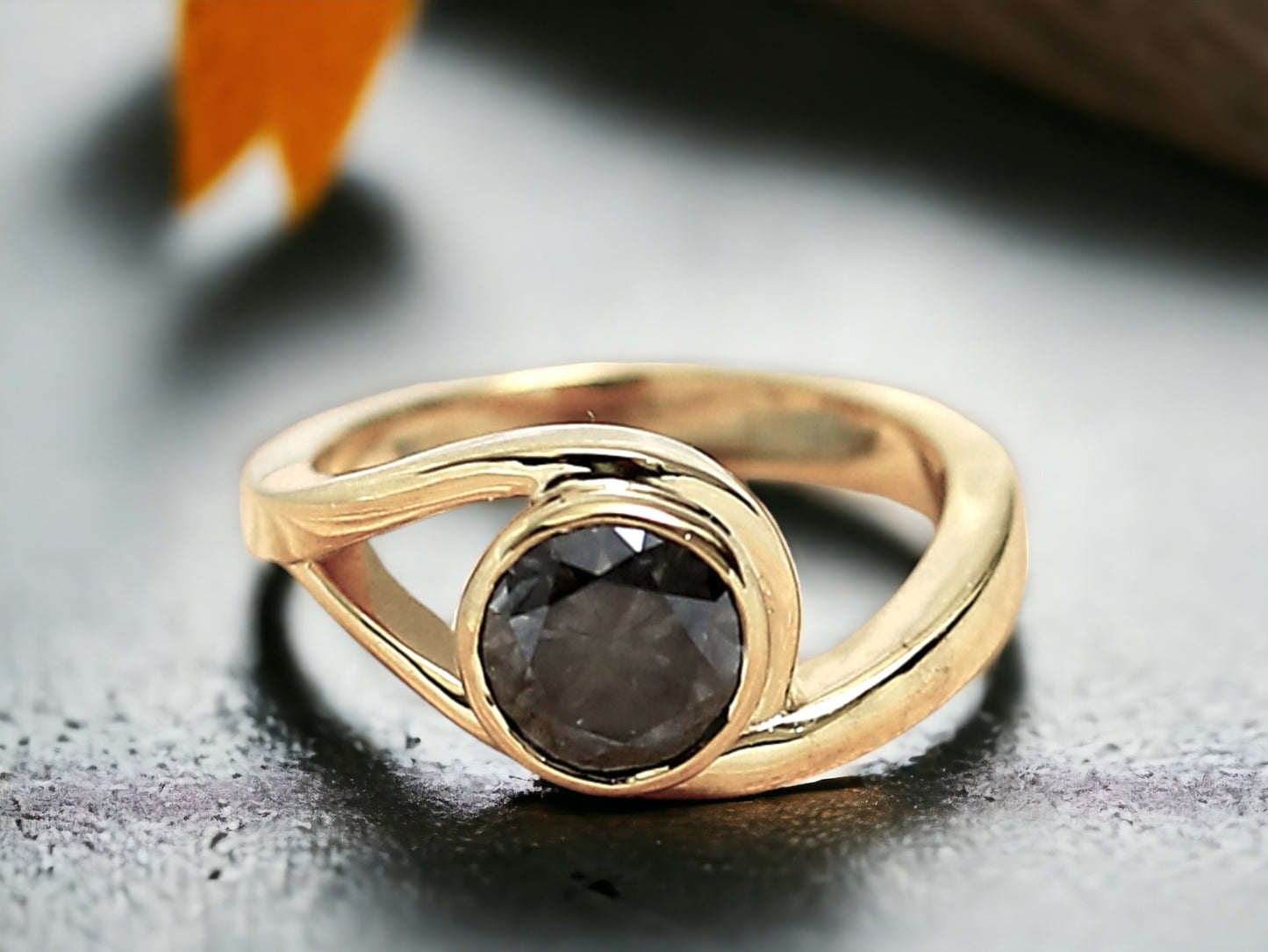 Round Brilliant Salt and Pepper Diamond Ring featuring a 1.75 CT natural salt and pepper diamond with galaxy-like black and white inclusions in a minimalist handcrafted gold design with a straight 1.8 to 1.9 mm band and rose cut finish.