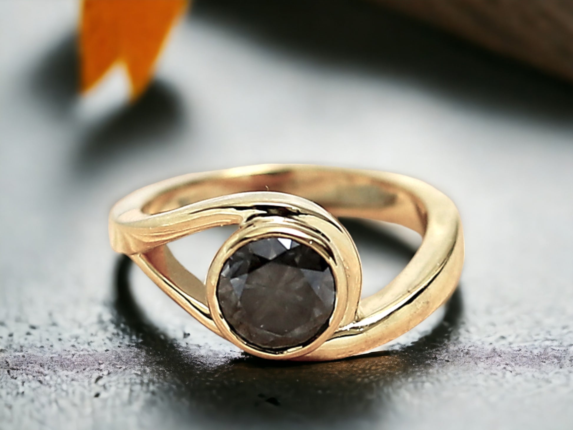 Round Brilliant Salt and Pepper Diamond Ring featuring a 1.75 CT natural salt and pepper diamond with galaxy-like black and white inclusions in a minimalist handcrafted gold design with a straight 1.8 to 1.9 mm band and rose cut finish.