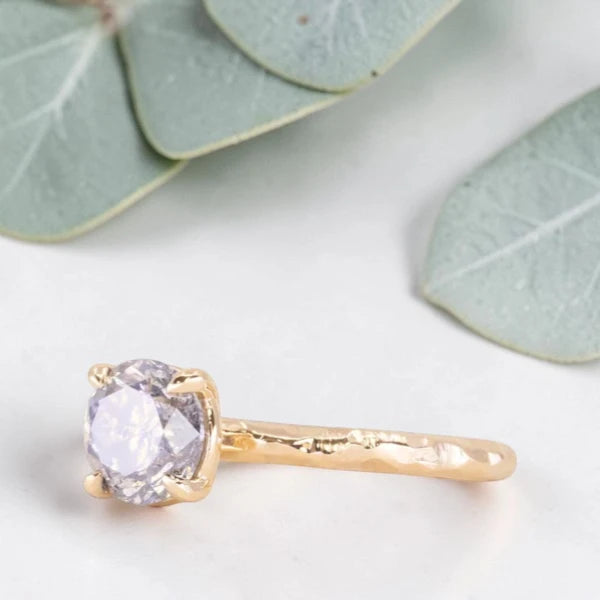 Round Brilliant Salt and Pepper Diamond Ring featuring a 1.60 CT natural black diamond with unique inclusions on a slim straight band in a handcrafted minimalist alternative engagement design.