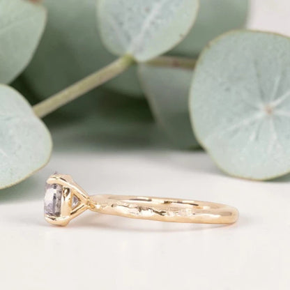 Round Brilliant Salt and Pepper Diamond Ring featuring a 1.60 CT natural black diamond with unique inclusions on a slim straight band in a handcrafted minimalist alternative engagement design.
