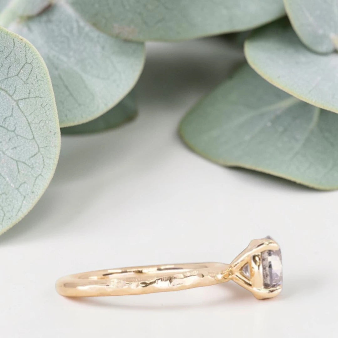 Round Brilliant Salt and Pepper Diamond Ring featuring a 1.60 CT natural black diamond with unique inclusions on a slim straight band in a handcrafted minimalist alternative engagement design.