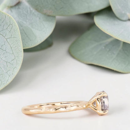 Round Brilliant Salt and Pepper Diamond Ring featuring a 1.60 CT natural black diamond with unique inclusions on a slim straight band in a handcrafted minimalist alternative engagement design.