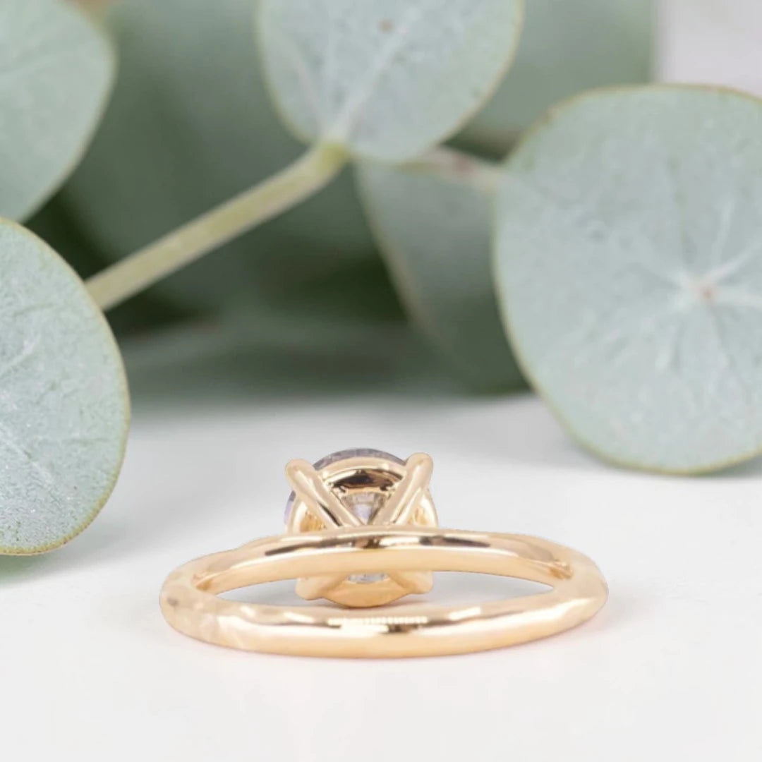 Round Brilliant Salt and Pepper Diamond Ring featuring a 1.60 CT natural black diamond with unique inclusions on a slim straight band in a handcrafted minimalist alternative engagement design.