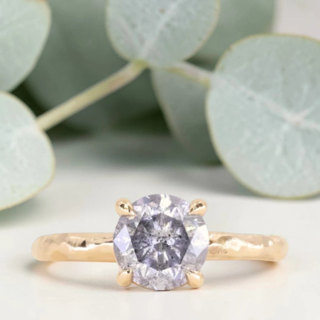 Round Brilliant Salt and Pepper Diamond Ring featuring a 1.60 CT natural black diamond with unique inclusions on a slim straight band in a handcrafted minimalist alternative engagement design.