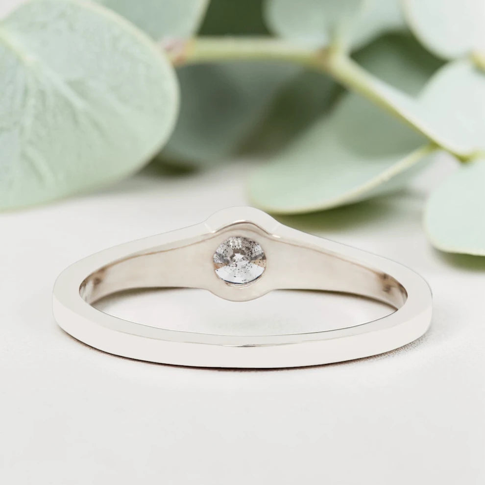Round Cut Salt and Pepper Diamond Ring featuring a 0.27 CT natural salt and pepper diamond with organic inclusions in a minimalist handmade design with a reverse tapered 2.65 mm band and modern fine jewelry aesthetic.