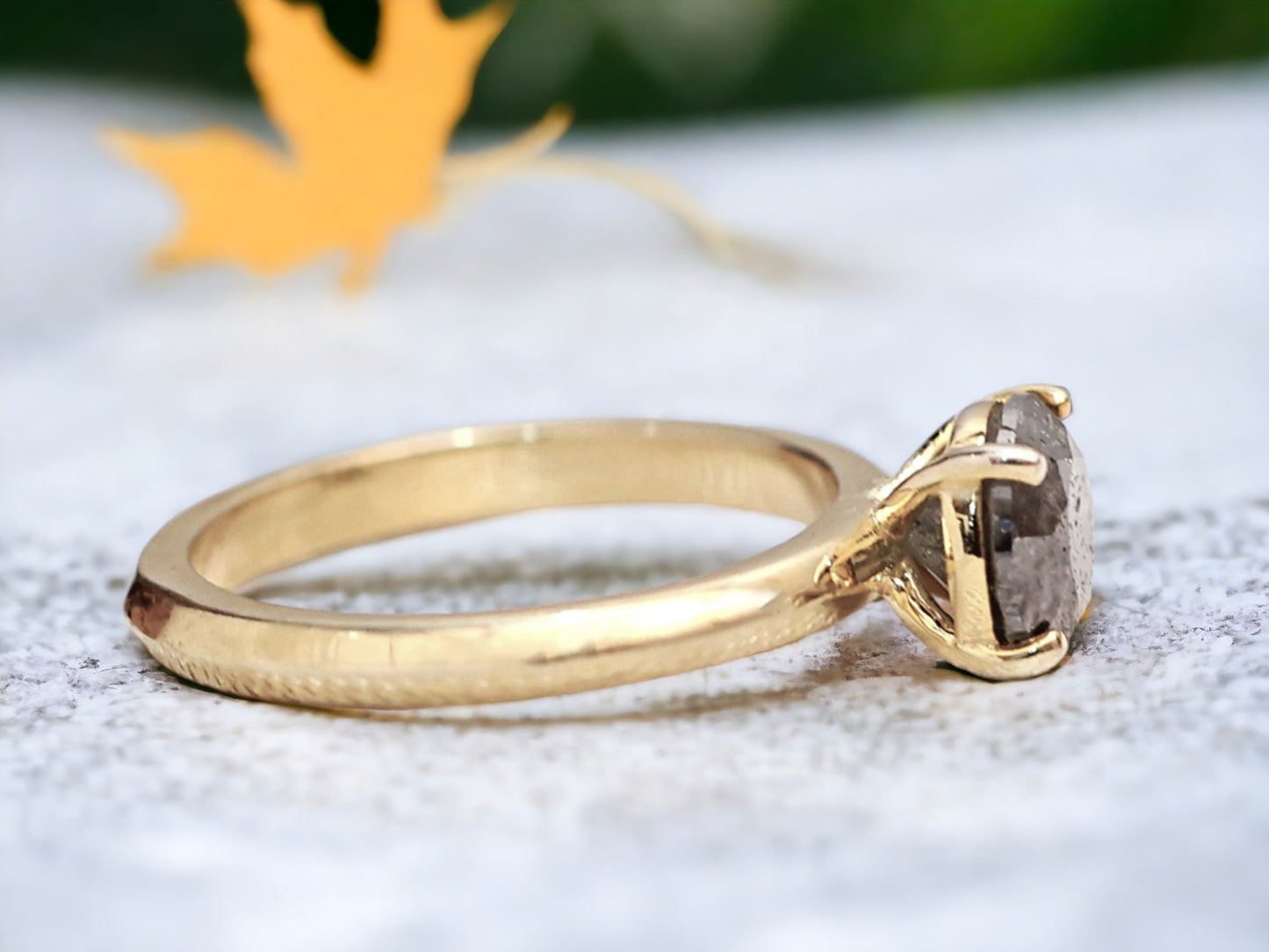 Round Rose Cut Salt and Pepper Diamond Ring featuring a 1.15 CT natural salt and pepper diamond with galaxy-like organic inclusions in a minimalist handmade design with a straight 1.8 to 1.9 mm band and sleek modern finish.