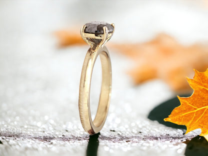 Round Rose Cut Salt and Pepper Diamond Ring featuring a 1.15 CT natural salt and pepper diamond with galaxy-like organic inclusions in a minimalist handmade design with a straight 1.8 to 1.9 mm band and sleek modern finish.