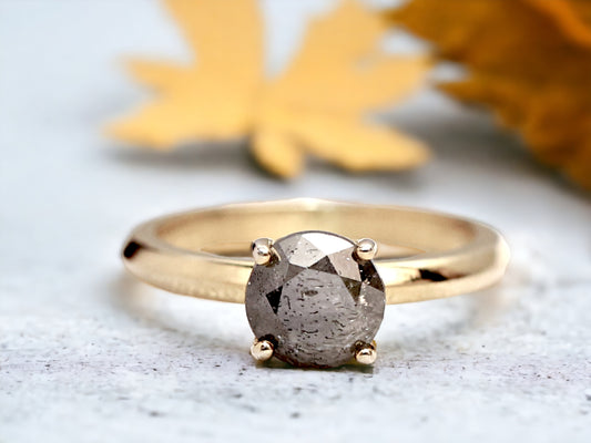 Round Rose Cut Salt and Pepper Diamond Ring featuring a 1.15 CT natural salt and pepper diamond with galaxy-like organic inclusions in a minimalist handmade design with a straight 1.8 to 1.9 mm band and sleek modern finish.