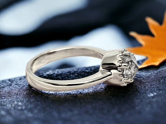 Round Rose Cut Salt and Pepper Diamond Ring featuring a 1.15 CT natural salt and pepper diamond with galaxy-like black and white inclusions in a minimalist design with a straight 1.30 mm delicate band and clean handcrafted finish.
