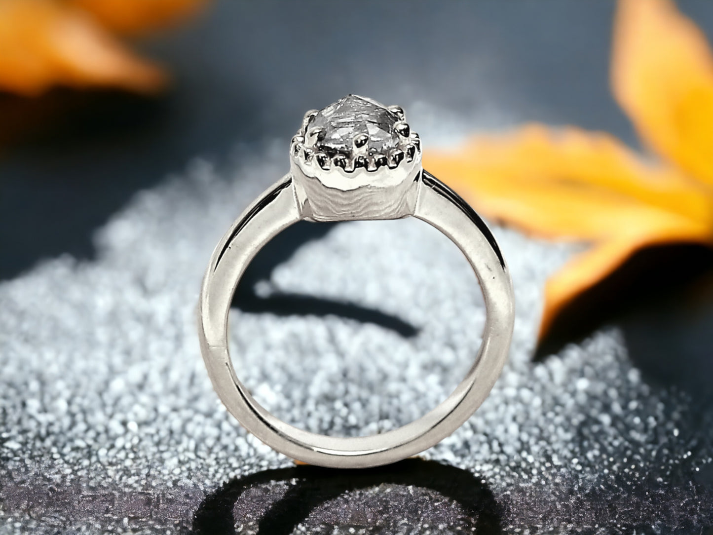 Round Rose Cut Salt and Pepper Diamond Ring featuring a 1.15 CT natural salt and pepper diamond with galaxy-like black and white inclusions in a minimalist design with a straight 1.30 mm delicate band and clean handcrafted finish.