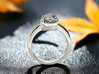 Round Rose Cut Salt and Pepper Diamond Ring featuring a 1.15 CT natural salt and pepper diamond with galaxy-like black and white inclusions in a minimalist design with a straight 1.30 mm delicate band and clean handcrafted finish.
