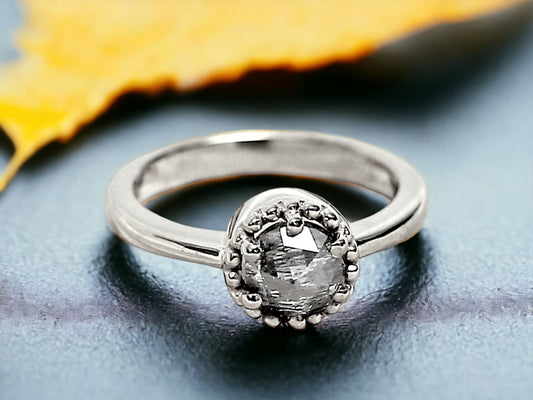 Round Rose Cut Salt and Pepper Diamond Ring featuring a 1.15 CT natural salt and pepper diamond with galaxy-like black and white inclusions in a minimalist design with a straight 1.30 mm delicate band and clean handcrafted finish.