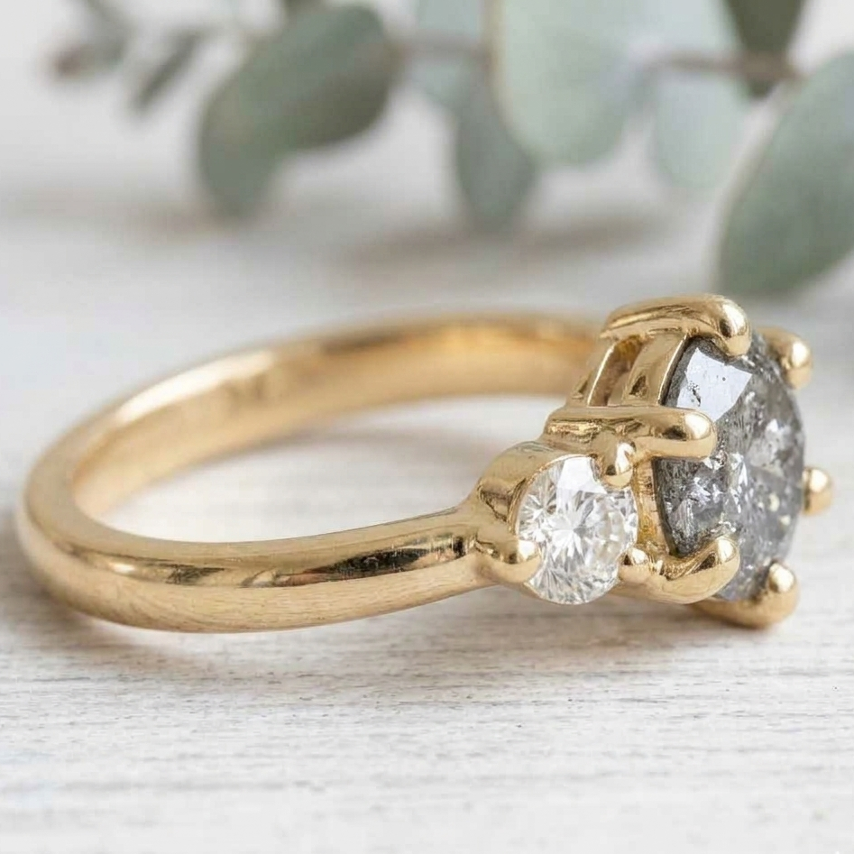 Round Salt and Pepper Diamond Engagement Ring featuring a 1.00 CT natural salt and pepper diamond with organic inclusions, accented by round brilliant side diamonds in a minimalist straight shank design with a 1.80 mm band in fine gold.