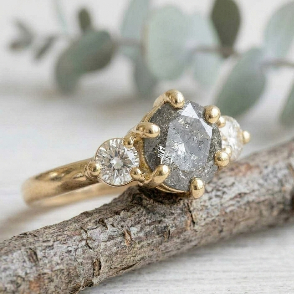 Round Salt and Pepper Diamond Engagement Ring featuring a 1.00 CT natural salt and pepper diamond with organic inclusions, accented by round brilliant side diamonds in a minimalist straight shank design with a 1.80 mm band in fine gold.