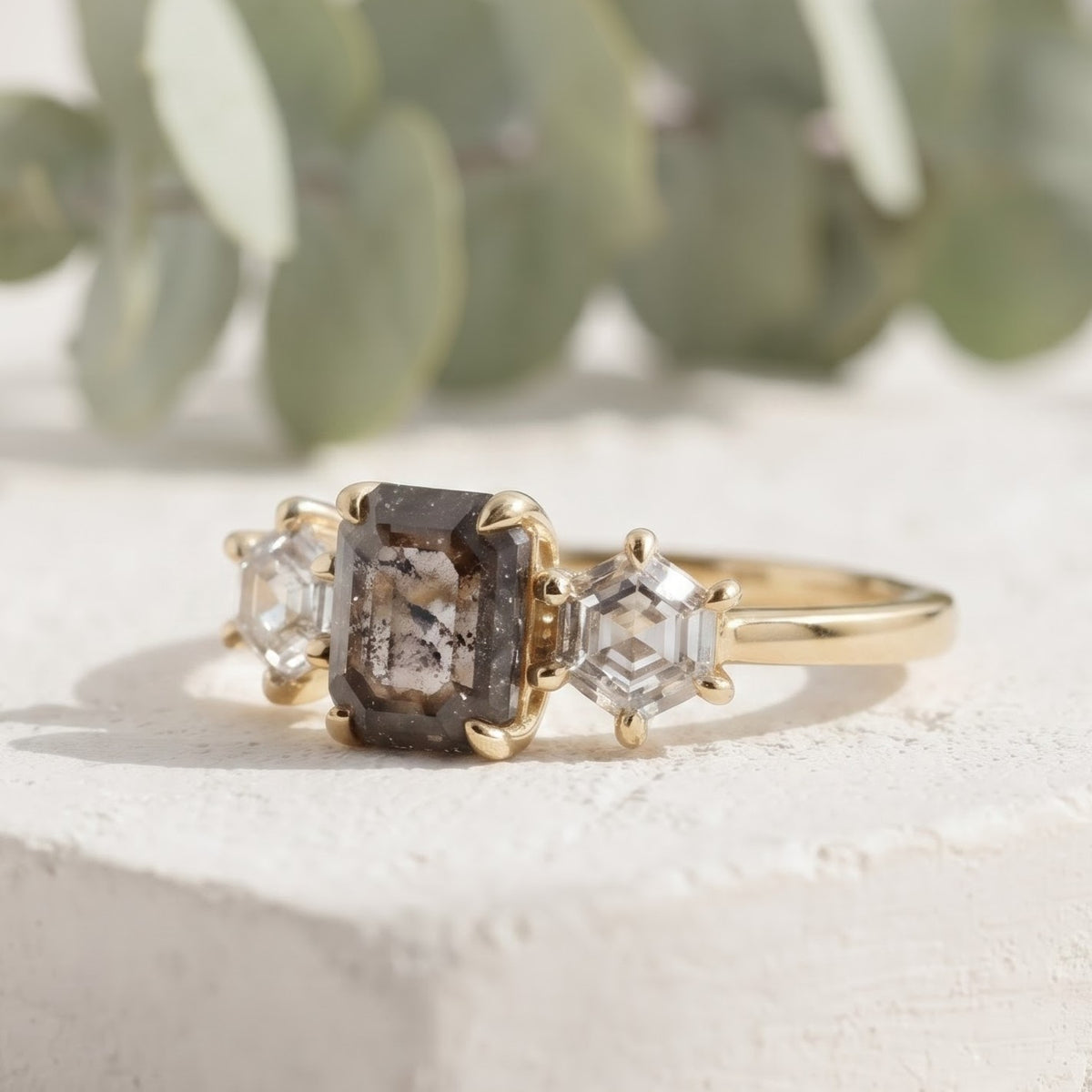 Emerald Salt and Pepper Diamond Ring