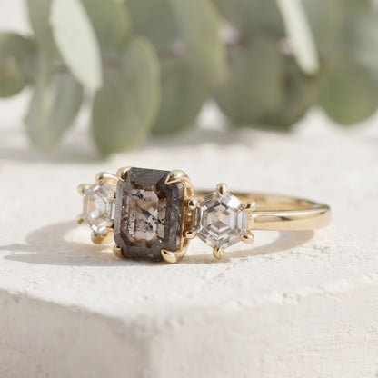 Emerald Salt and Pepper Diamond Ring