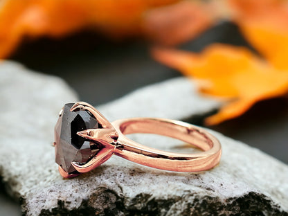 Salt and Pepper Diamond Rose Cut Ring Gray Rose Cut Engagement Ring featuring a round rose cut natural salt and pepper diamond in a rose gold six prong setting with a minimalist straight band.