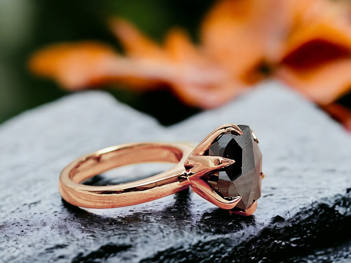 Salt and Pepper Diamond Rose Cut Ring Gray Rose Cut Engagement Ring featuring a round rose cut natural salt and pepper diamond in a rose gold six prong setting with a minimalist straight band.