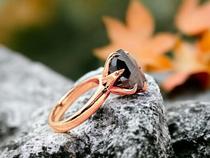 Salt and Pepper Diamond Rose Cut Ring Gray Rose Cut Engagement Ring featuring a round rose cut natural salt and pepper diamond in a rose gold six prong setting with a minimalist straight band.