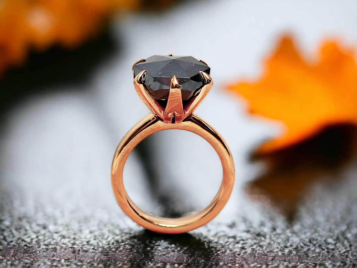 Salt and Pepper Diamond Rose Cut Ring Gray Rose Cut Engagement Ring featuring a round rose cut natural salt and pepper diamond in a rose gold six prong setting with a minimalist straight band.