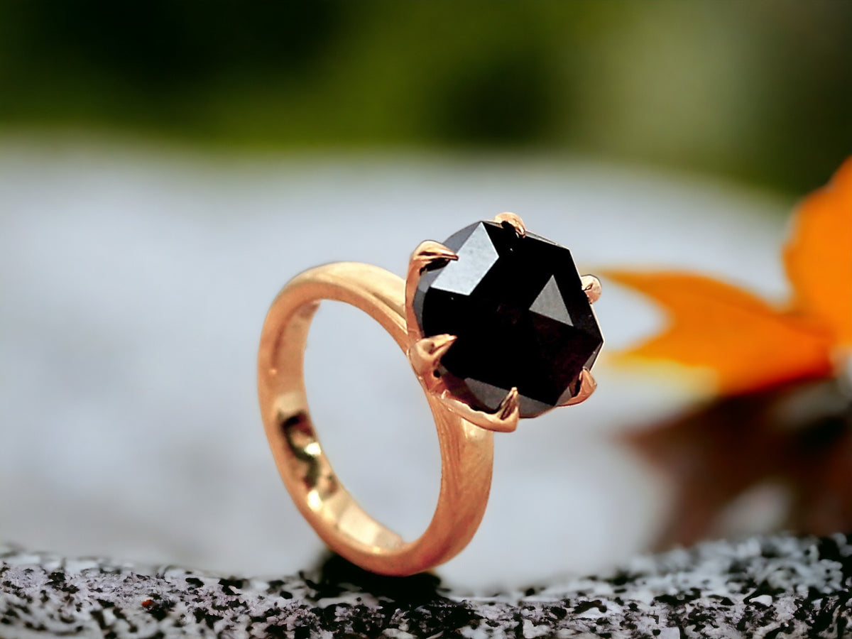 Salt and Pepper Diamond Rose Cut Ring Gray Rose Cut Engagement Ring featuring a round rose cut natural salt and pepper diamond in a rose gold six prong setting with a minimalist straight band.