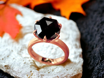 Salt and Pepper Diamond Rose Cut Ring Gray Rose Cut Engagement Ring featuring a round rose cut natural salt and pepper diamond in a rose gold six prong setting with a minimalist straight band.
