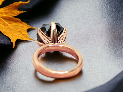 Salt and Pepper Diamond Rose Cut Ring Gray Rose Cut Engagement Ring featuring a round rose cut natural salt and pepper diamond in a rose gold six prong setting with a minimalist straight band.