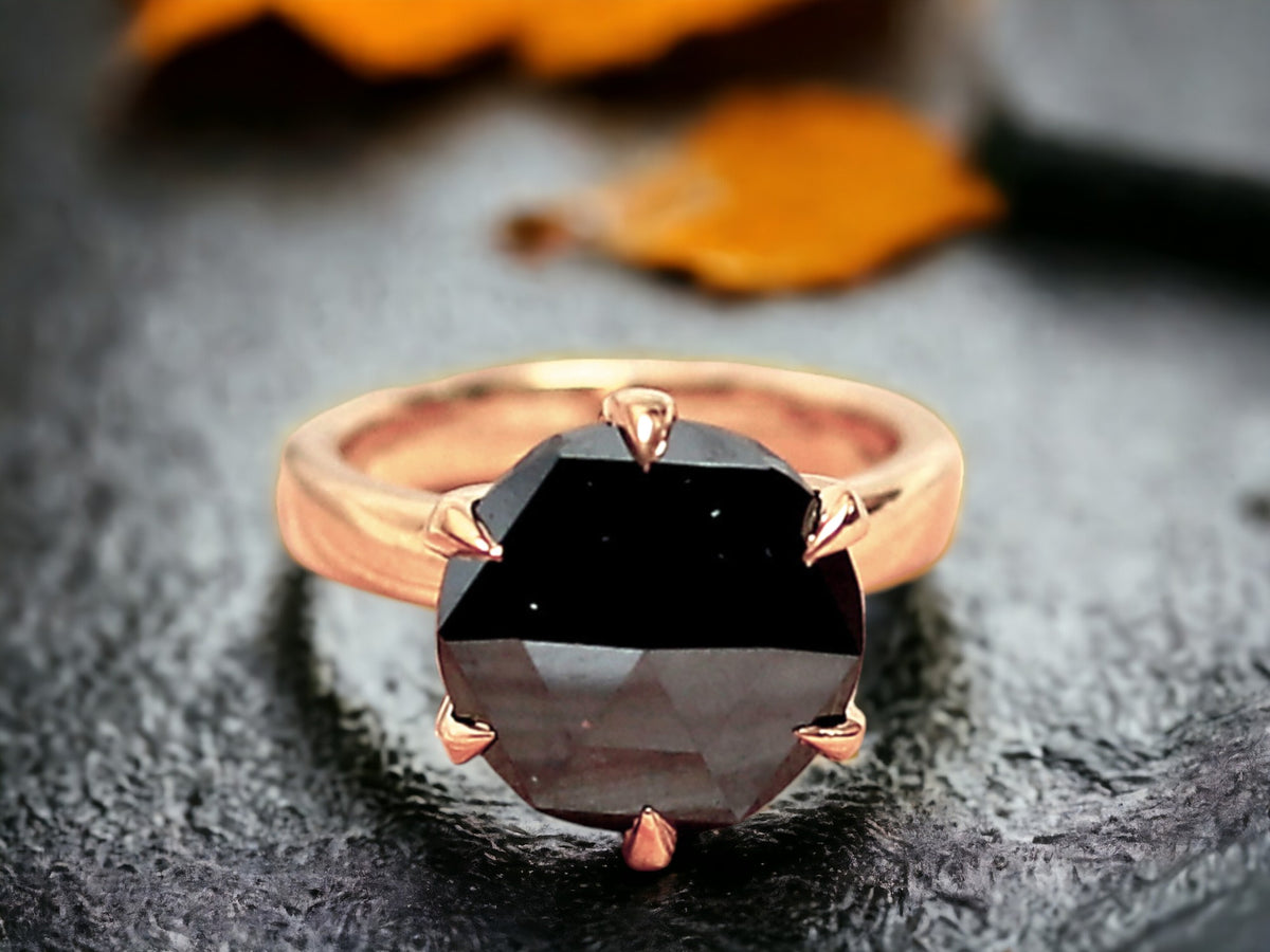 Salt and Pepper Diamond Rose Cut Ring Gray Rose Cut Engagement Ring featuring a round rose cut natural salt and pepper diamond in a rose gold six-prong setting with a minimalist straight band.