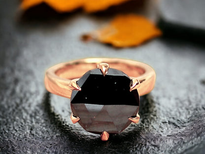 Salt and Pepper Diamond Rose Cut Ring Gray Rose Cut Engagement Ring featuring a round rose cut natural salt and pepper diamond in a rose gold six-prong setting with a minimalist straight band.