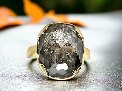 Salt and Pepper Engagement Ring featuring a 1.73 CT natural grey round octagon cut diamond with galaxy-like black and white inclusions, set in a modern artisan design with a reverse tapered 2.10 mm band, created as an alternative engagement ring.