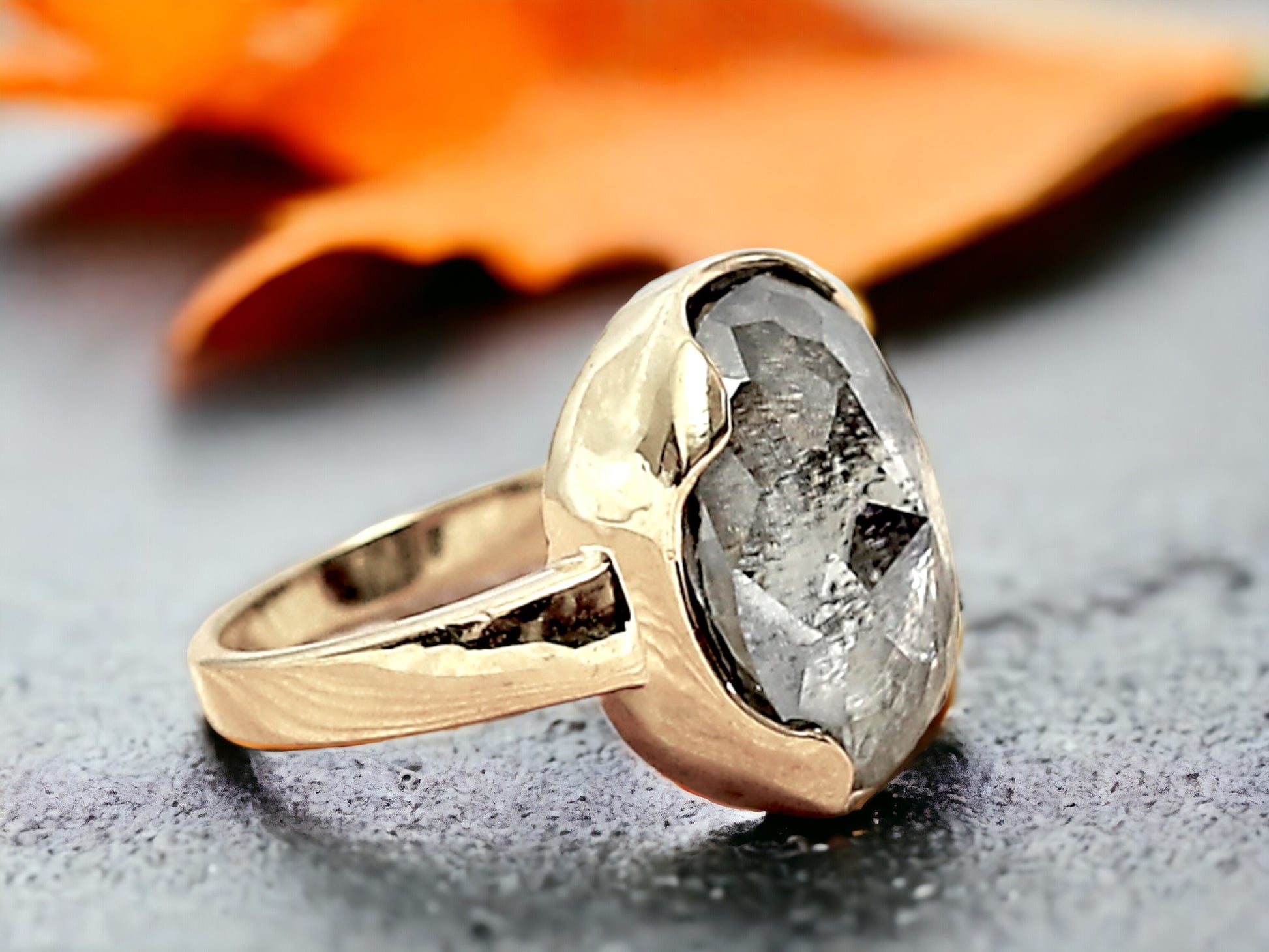 Salt and Pepper Engagement Ring featuring a 1.73 CT natural grey round octagon cut diamond with galaxy-like black and white inclusions, set in a modern artisan design with a reverse tapered 2.10 mm band, created as an alternative engagement ring.