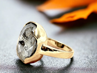 Salt and Pepper Engagement Ring featuring a 1.73 CT natural grey round octagon cut diamond with galaxy-like black and white inclusions, set in a modern artisan design with a reverse tapered 2.10 mm band, created as an alternative engagement ring.