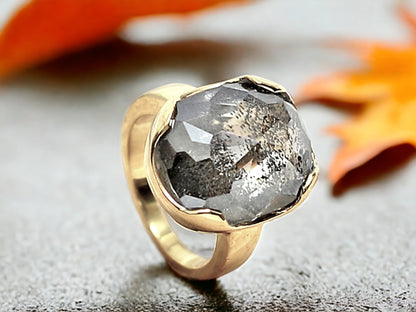 Salt and Pepper Engagement Ring featuring a 1.73 CT natural grey round octagon cut diamond with galaxy-like black and white inclusions, set in a modern artisan design with a reverse tapered 2.10 mm band, created as an alternative engagement ring.