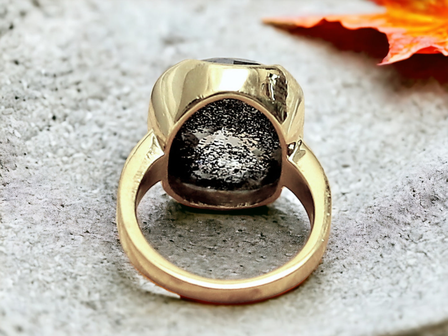 Salt and Pepper Engagement Ring featuring a 1.73 CT natural grey round octagon cut diamond with galaxy-like black and white inclusions, set in a modern artisan design with a reverse tapered 2.10 mm band, created as an alternative engagement ring.