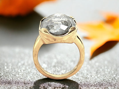 Salt and Pepper Engagement Ring featuring a 1.73 CT natural grey round octagon cut diamond with galaxy-like black and white inclusions, set in a modern artisan design with a reverse tapered 2.10 mm band, created as an alternative engagement ring.