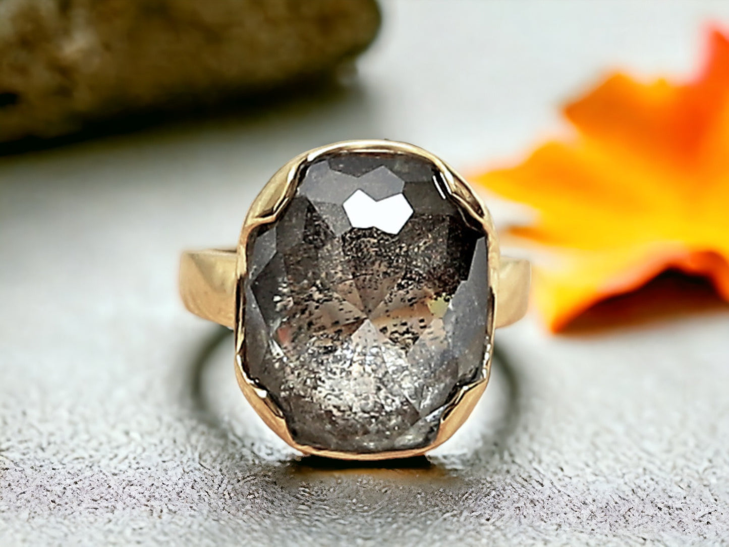 Salt and Pepper Engagement Ring featuring a 1.73 CT natural grey round octagon cut diamond with galaxy-like black and white inclusions, set in a modern artisan design with a reverse tapered 2.10 mm band, created as an alternative engagement ring.