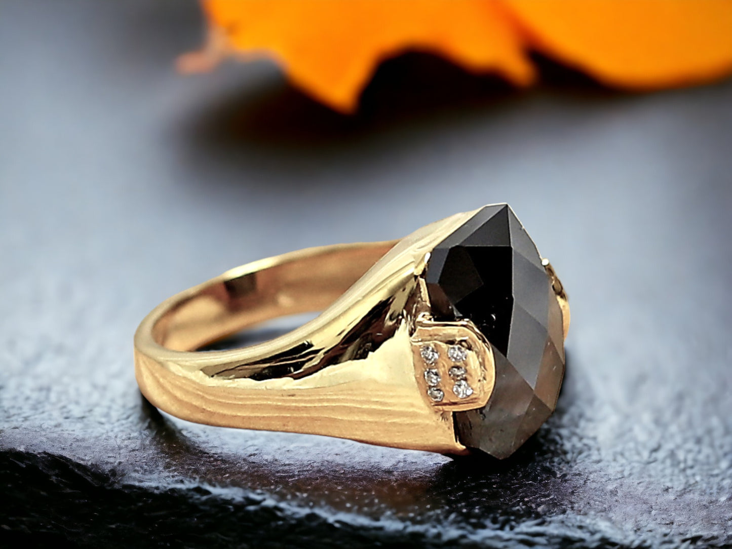 alt and Pepper Pyramid Diamond Ring featuring a 3.75 CT natural gray pyramid cut diamond with speckled organic inclusions, accented by round diamond side stones in a bezel set geometric design with a reverse tapered 2.70 mm band, handcrafted as a bold modern statement ring.