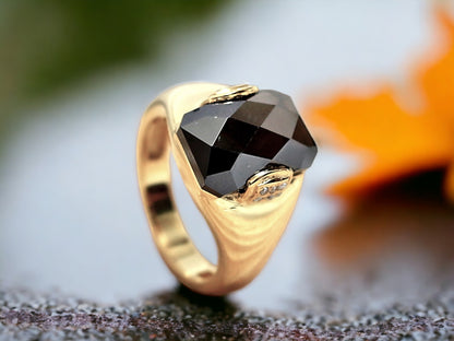 Salt and Pepper Pyramid Diamond Ring featuring a 3.75 CT natural gray pyramid cut diamond with speckled organic inclusions, accented by round diamond side stones in a bezel set geometric design with a reverse tapered 2.70 mm band, handcrafted as a bold modern statement ring.