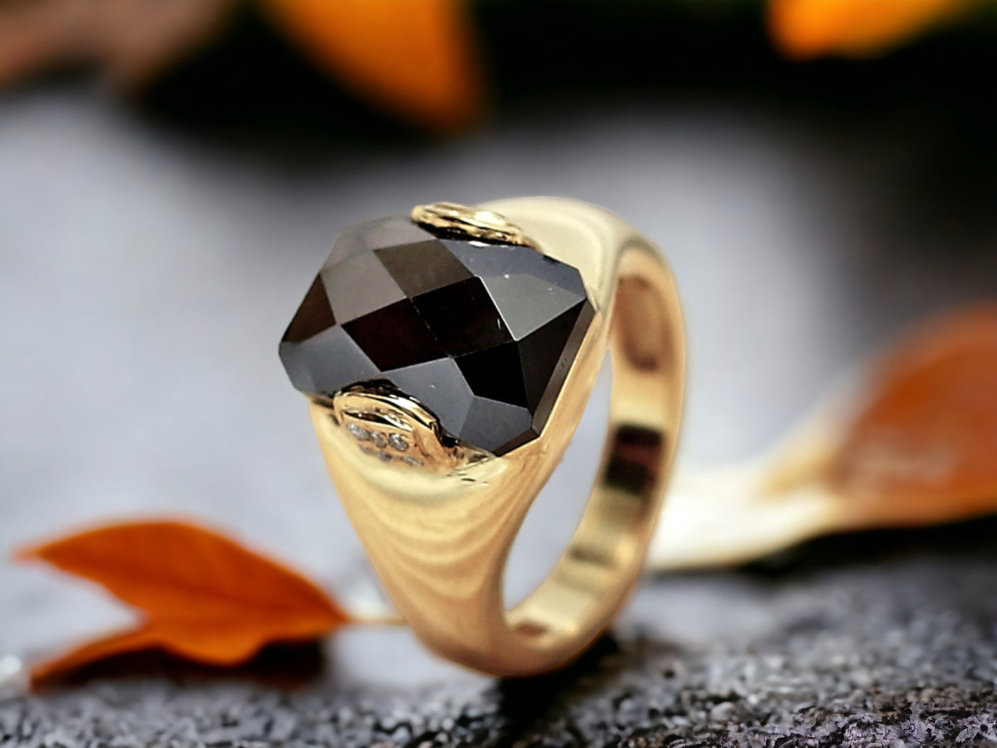 Salt and Pepper Pyramid Diamond Ring featuring a 3.75 CT natural gray pyramid cut diamond with speckled organic inclusions, accented by round diamond side stones in a bezel set geometric design with a reverse tapered 2.70 mm band, handcrafted as a bold modern statement ring.