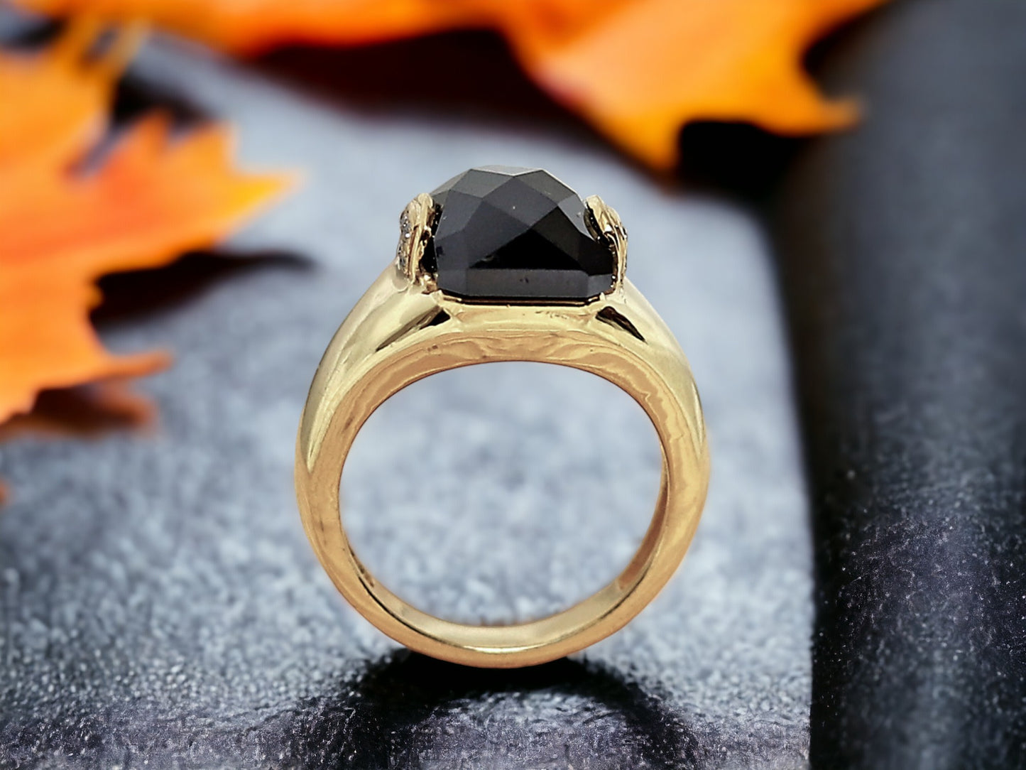 Salt and Pepper Pyramid Diamond Ring featuring a 3.75 CT natural gray pyramid cut diamond with speckled organic inclusions, accented by round diamond side stones in a bezel set geometric design with a reverse tapered 2.70 mm band, handcrafted as a bold modern statement ring.